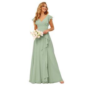 Elegant Ruffles Chiffon Sage Green Formal Evening Dress Size 2